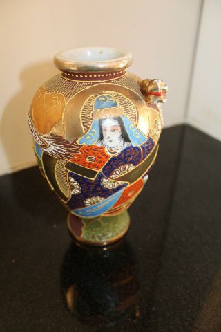 Antique Hand Painted Japanese Meiji Satsuma Pottery Vase Rare Dragon Head Nagoya