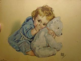 Vintage Maud Tousey Fangel Print Framed In Glass Baby With Teddy Bear 8 " X 6 "