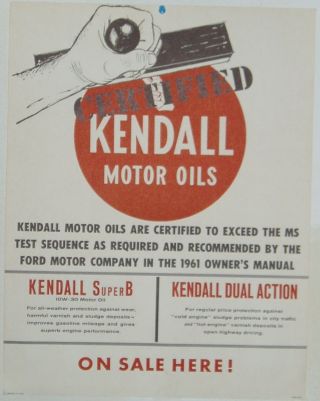 Rare Kendall Oil Sign Kendall 1961 Large 22”x 17 " Use In 
