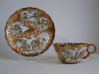 Antique Japanese Kutani Eggshell Porcelain Scalloped Handpainted Cup & Saucer 1
