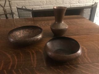 Arts & Crafts Mission Hand Hammered Copper Vase Bowl Set Roycroft Stickley Era