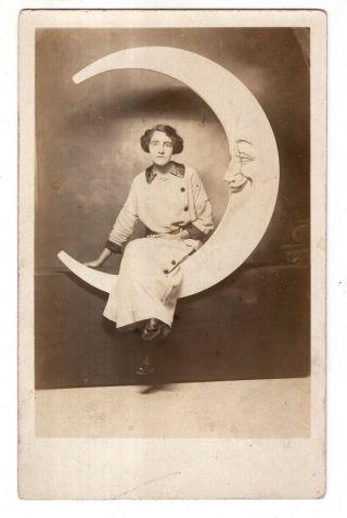 Antique Studio Prop Real Photo Post Card Lady On A Paper Moon Swing