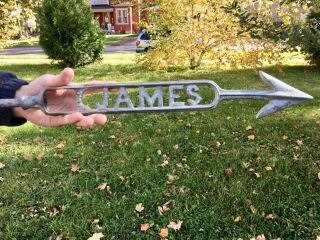 Antique Vtg Weather Vane Lightning Rod Arrow W Name James Sign Metal