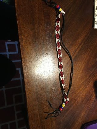 Vintage Or Antique Native American Indian Beaded Headband With Black Leather
