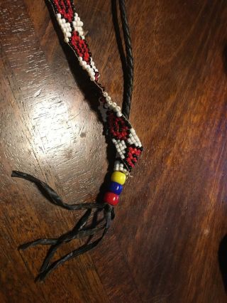 Vintage or Antique Native American Indian Beaded Headband With Black Leather 3