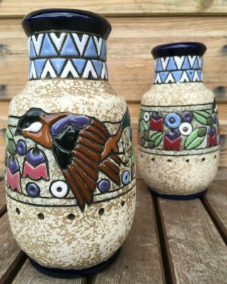 Antique Art Deco Czech Pair Imperial Amphora Austria Pottery Ceramic Vases C1905