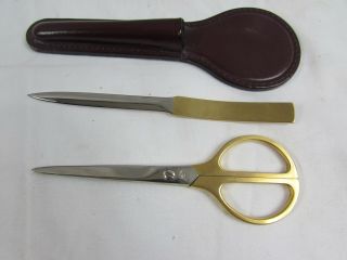 Rare Vintage Lerche Solingen Gold Plated Letter Opener Scissors & Leather Holder