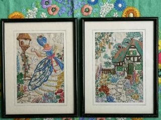 Vintage Embroidered Crinoline Lady Garden Floral Pictures