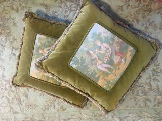 Pretty Vintage Velvet Romantic Scene Cushions Tapestry Style
