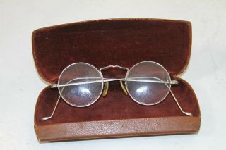 Vintage Antique Round Eyeglass Frames Glasses Spectacles W/ Case Ornate Frame