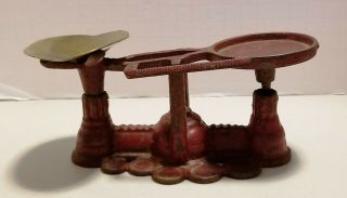Vintage Small Miniature Red Cast Iron Balance Scale