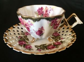 Vintage Roses Napco Lusterware Lattice Lace Footed Tea Cup & Saucer Hand - Painted