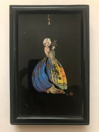 Antique Vintage Butterfly Wings Small Hand Painted Picture - Lady In A Gown