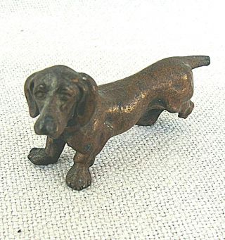 Austria Vienna Antique Bronze Miniature Dachshund Dog Figurine 2.  5 X 5.  1 Cm