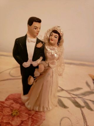 Vintage 1940s Chalkware Bride & Groom Wedding Cake Topper Cloth Flowers