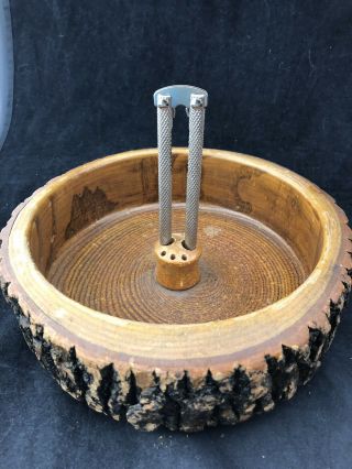 Vintage Mid Century Nutcracker Rustic Wood Tree Bark Pecan Bowl Tray Set