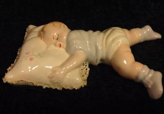 Rare Vintage 1949 Ceramic Baby Sleeping On Lace Edge Pillow Signed By Dorothy
