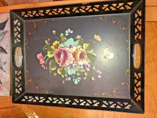Black Vintage Hand Painted Floral Large Metal Serving Tray Platter.