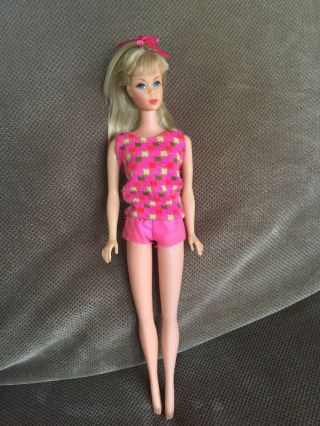 Vintage Mod Tnt Twist Turn Blonde Summer Sand Barbie In Pink Green Knit Swimsuit