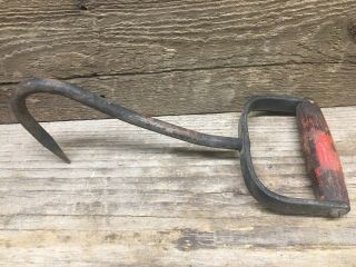 Vintage Primitive Metal Simo Hay Hook With Wooden Handle