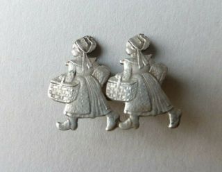 Collectable Antique Rare Brooch Dutch Pewter Figural Women Period Costume