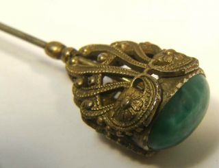 Antique Art Nouveau C1900 Hat Pin Filigree Brass W/green Czech Glass Cabochon