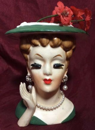 Vintage 1958 Napco Lady Head Vase Pearl Necklace Rare