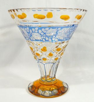 Rare Antique Amber & Blue Bohemian Crystal Vase 8 " Flash Cut - To - Clear Glass
