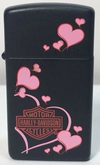 Zippo Lighter 2009 Slim Skinny Harley Davidson Black Pink Hearts Rare Womens