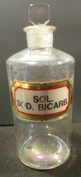 1890 9 In Label Under Glass Sol.  Sod.  Bicarb.  Apothecary Drugstore Bottle & Top