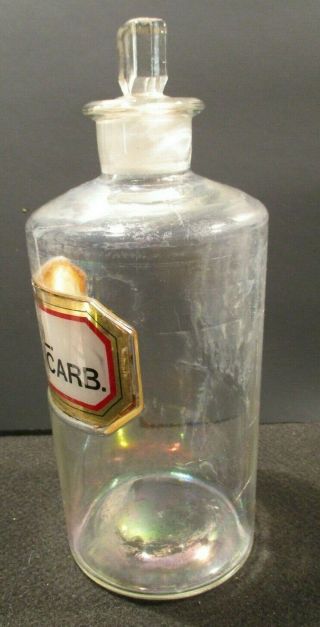 1890 9 In LABEL UNDER GLASS SOL.  SOD.  BICARB.  APOTHECARY DRUGSTORE BOTTLE & TOP 3