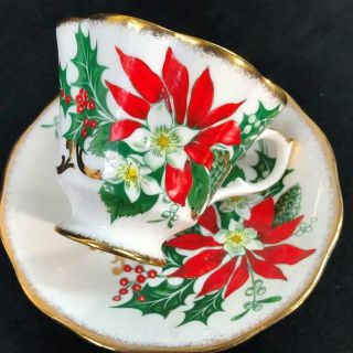 Vintage Queen Anne England Noel Poinsettia Holly Cup Saucer