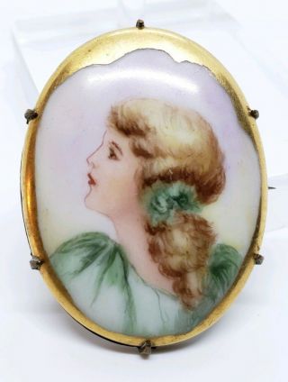 Antique Gilt Brass Hand Painted Enamel Porcelain Portrait Oval Brooch