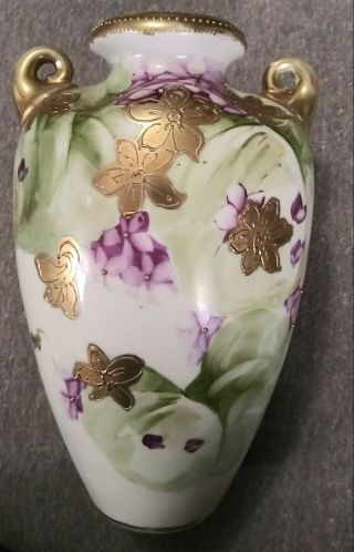 Antique Nippon White Porcelain " Violet " Vase Gold Violets & Trim 8 " Tall Japan