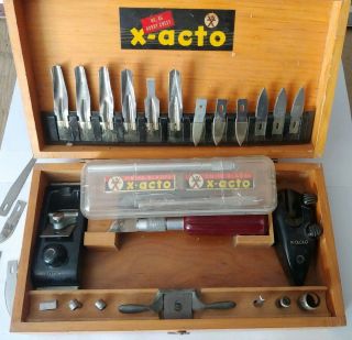 Vintage Rare X - Acto Knife Set In Hinged Wooden Box Usa
