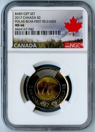 2017 Canada Ngc First Releases Ms66 Baby Gift Set - Polar Bear $2 Toonie Rare