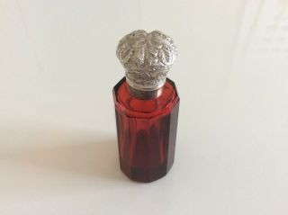 19th Century Antique Ruby Red Silver Perfume/scent Bottle A/f.