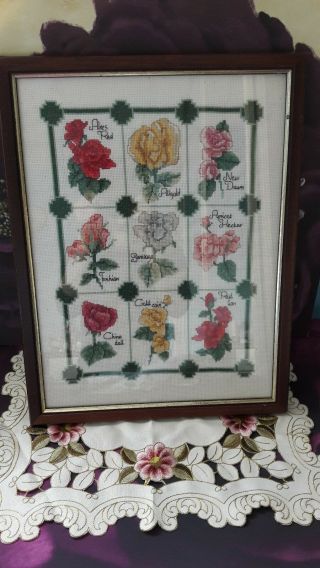 Vintage Embroidered Picture Of Flowers Scene In Frame