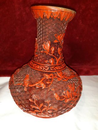 Vintage Chinese Hand Carved Cinnabar Red Lacquer Vase