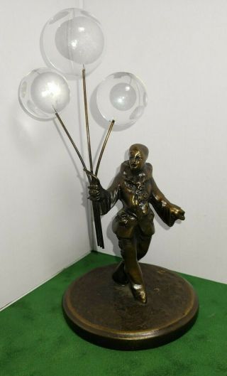 Bronze Pierrot Clown 3 Acrylic Balloons Vintage Statue Figurine Mardi Gras Rare