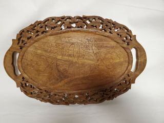 Vintage Hand Carved Wooden Oval Serving Tray Floral And Leaves Design