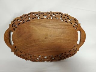 Vintage Hand Carved Wooden Oval Serving Tray Floral and Leaves Design 2