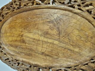 Vintage Hand Carved Wooden Oval Serving Tray Floral and Leaves Design 3