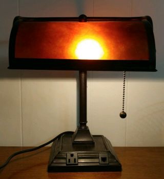 Bankers Lamp Amber Shade Antique Vintage Mission Style Office Desk Light