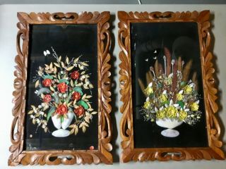 Arts & Crafts Era Folk Art - Handcrafted Seashell & Dried Flower Art - Fine Frames