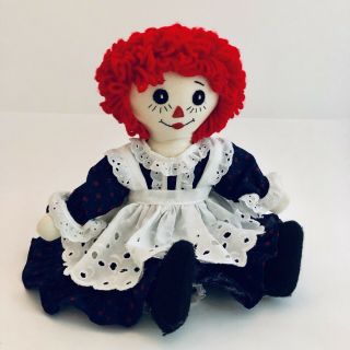 Vintage Handmade Raggedy Ann & Andy Doll 15 " Blue Dress With White Eyelet Apron