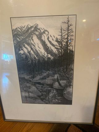 Vintage Japanese Wood Block Watercolor W/ink Print Of Mountain Scene - Signed