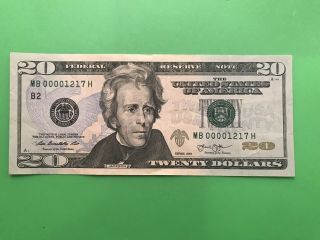 $20.  00 Bill Mb 00002017 H “low Serial Numbers” (rare Find).