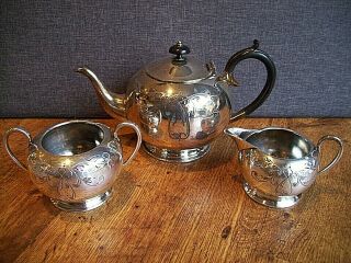 Antique Early 20th Century Civic Of Sheffield Silver Plated Tea Service (scroll)