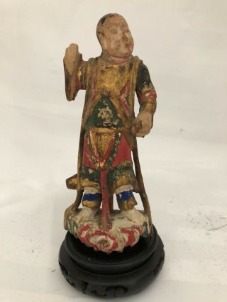 Antique Chinese Carved Wood Polychrome Figure Immortal God Warrior